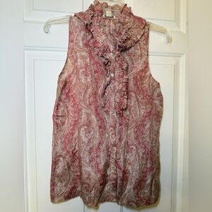 J Crew Sleeveless Pink Paisley Silk Ruffled Blouse Sz 2 Buttons Feminine Classic